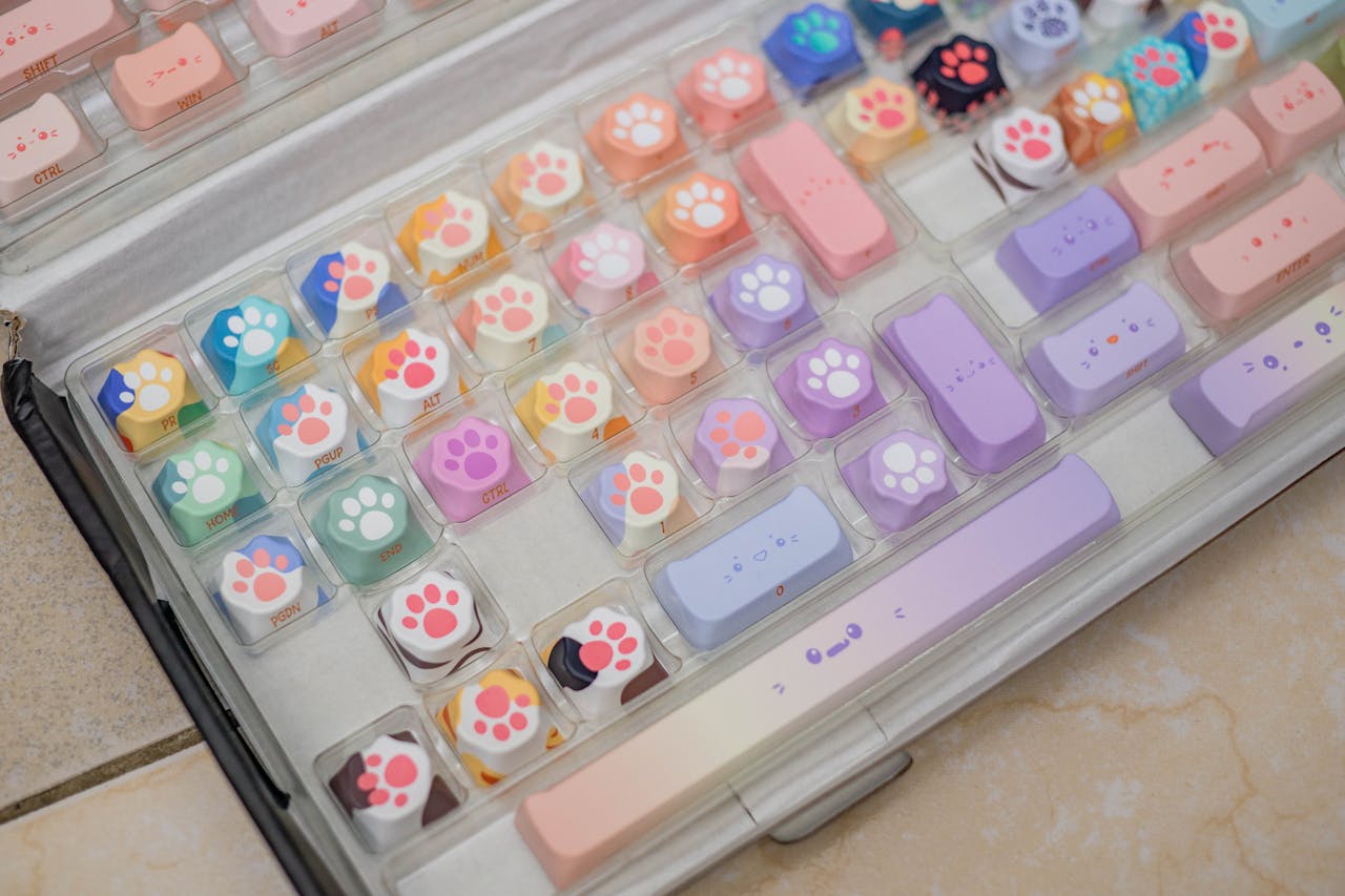 hero-img-01 Vibrant mechanical keyboard with cat paw-themed keycaps in pastel colors.